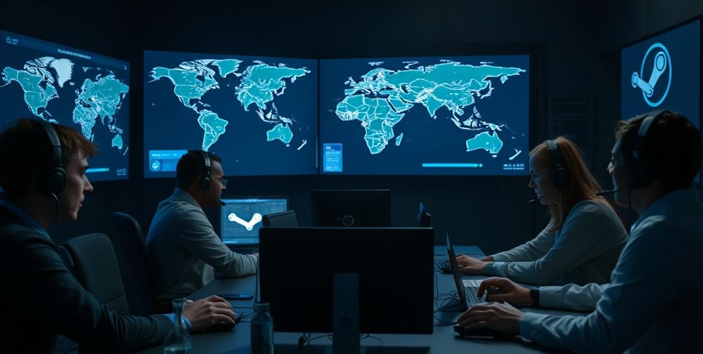 A cinematic scene showing an international online team communicating via voice chat through their headsets in a darkened room, with strategic maps and the Steam logo visible on surrounding screens.