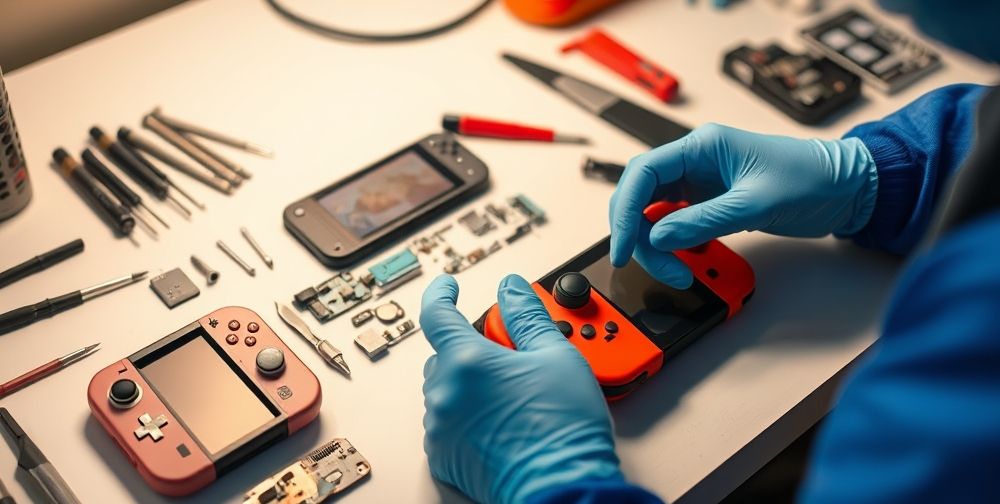 A well-lit repair desk with neatly organized Nintendo Switch components, screwdrivers, anti-static gloves, and a technician carefully working on a Switch joystick, capturing the repair process in detail.