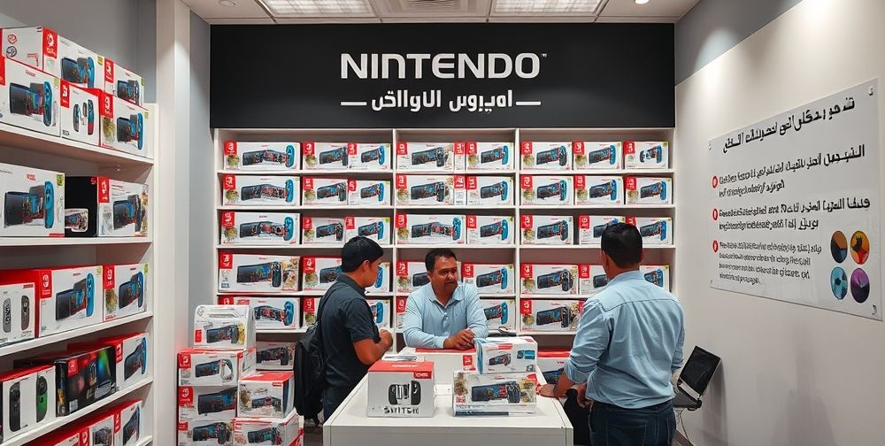 A professional Nintendo customer service office with friendly Persian-speaking staff, shelves filled with neatly boxed Switch units, customers discussing repair options, and clear signage emphasizing warranty and after-sales support.