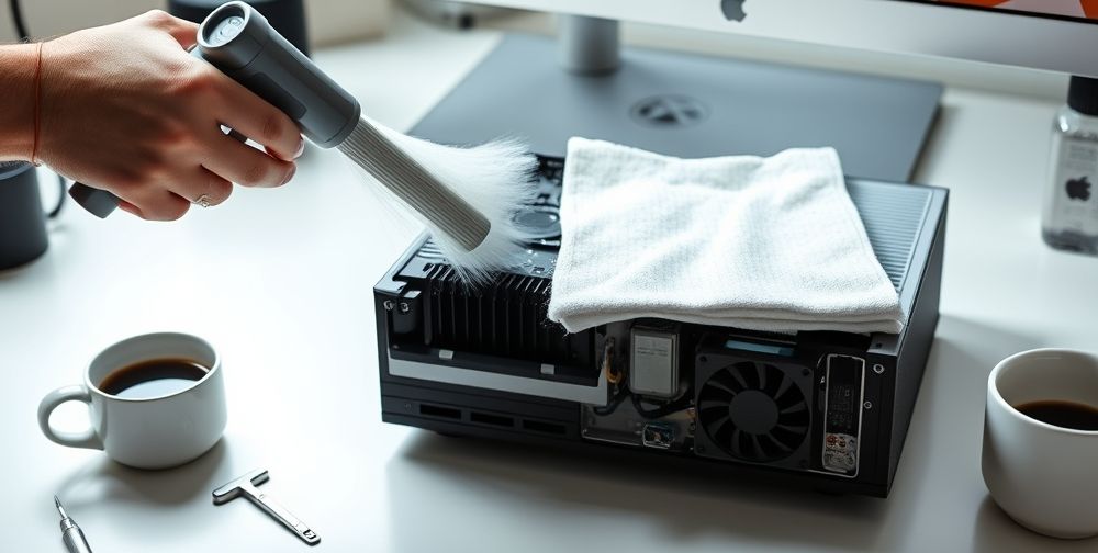 Close-up view of an opened Xbox console on a clean, well-lit desk, showing detailed internal components and fans. A person uses an air duster and a soft cloth for cleaning. Small tools and a cup of coffee are also on the side, suggesting DIY maintenance at home.