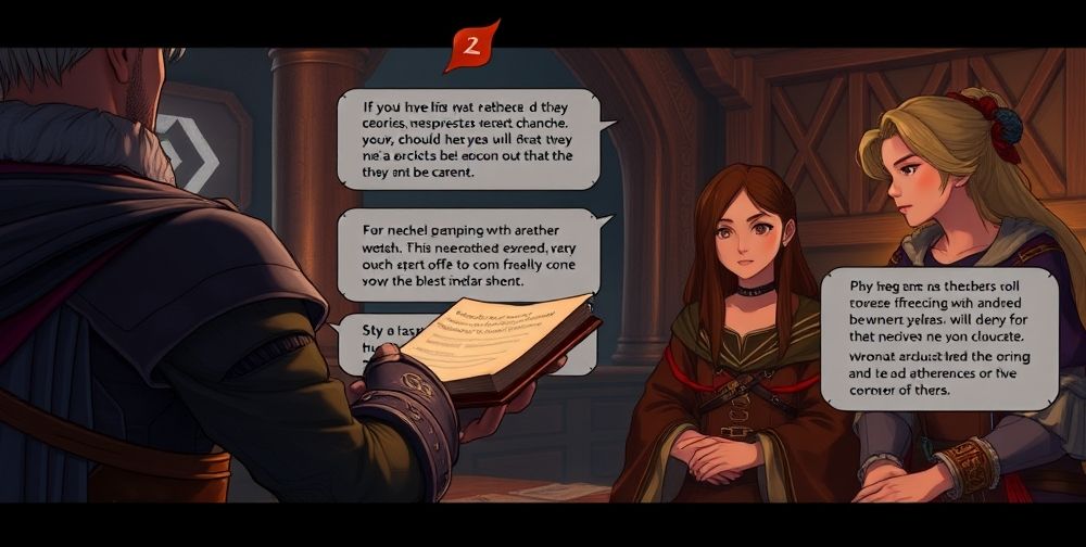 A dynamic in-game scene showing a player making narrative choices, with branching storylines illustrated visually, and emotional responses from realistic, animated NPCs in a richly detailed fantasy setting.
