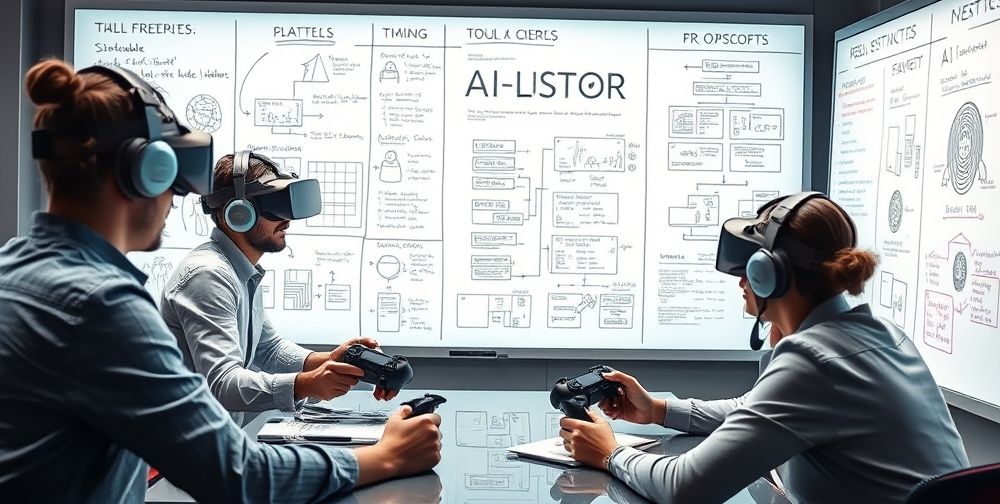 A close-up view of a game development team brainstorming in front of digital whiteboards filled with sketches, AI code, and flow charts, with futuristic VR controllers and concept art for next-gen gaming environments.