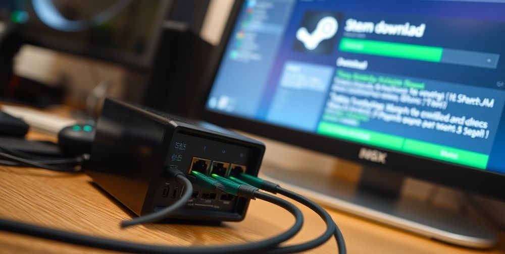 A close-up, slightly angled shot of a home modem and networking cables, with green connection lights, next to a monitor displaying a fast-moving Steam download. Background hints at a tidy desk and gamer peripherals for realism.