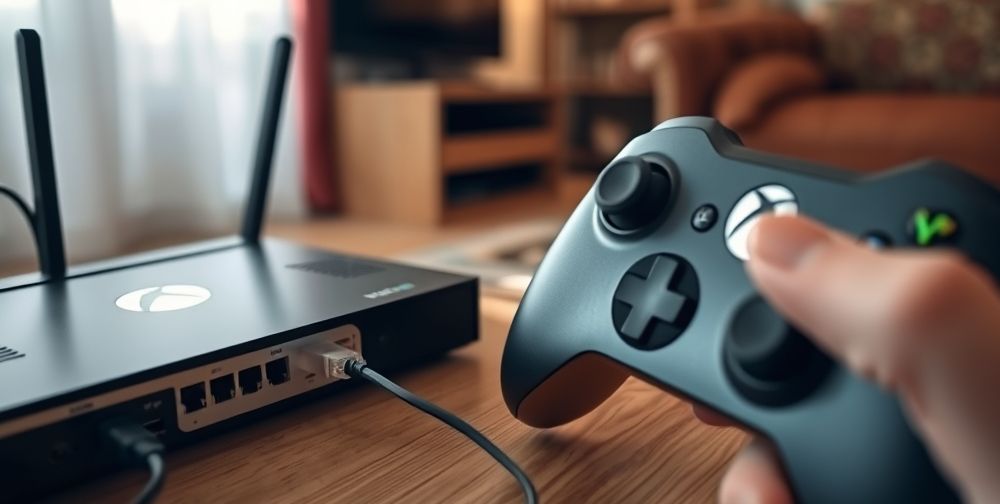 Close-up of a home internet router with ethernet cables plugged in, the Xbox logo shining nearby, and a hand holding an Xbox controller, emphasizing troubleshooting networking issues in a cozy Persian living room.