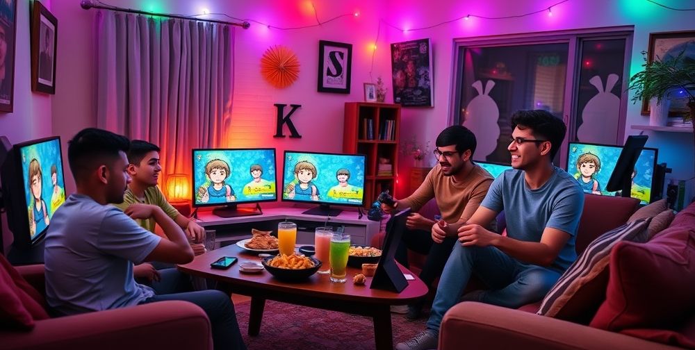 A festive living room scene with five young adults gathered around PCs and consoles, all focused on the same co-op multiplayer game. Colorful LED lights brighten the room, snacks and soft drinks are on the table, and animated avatars are visible on each screen. The energy of fun, teamwork, and laughter is palpable.