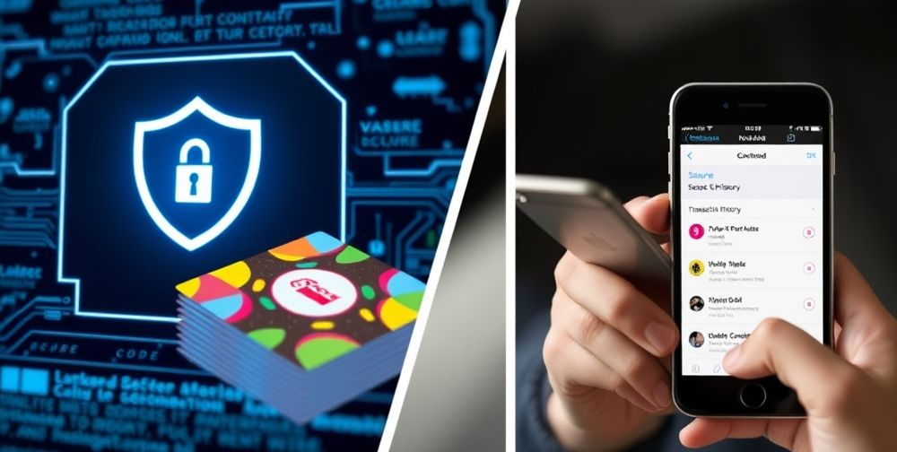 A secure digital interface displaying a shield icon and payment confirmation, beside a stack of colorful gift card codes; a person viewing their secure transaction history on a modern smartphone, evoking the feeling of privacy and safety.