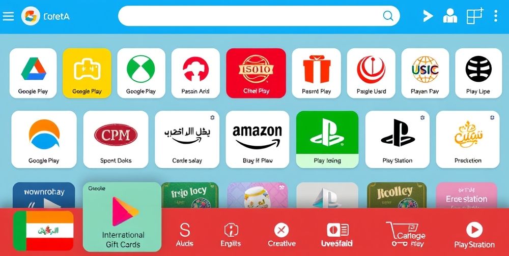 A colorful digital marketplace interface showing a variety of international gift card brands, with icons for Google Play, Amazon, PlayStation, and local Iranian e-commerce, blending global and Persian design elements.