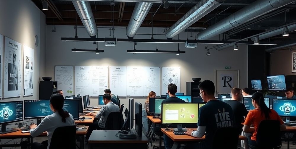 A modern open-plan game development studio with multicultural teams intensely working on computers, whiteboards filled with flowcharts, and screens displaying coding and 3D models. The scene shows both creative energy and stress of tight deadlines.