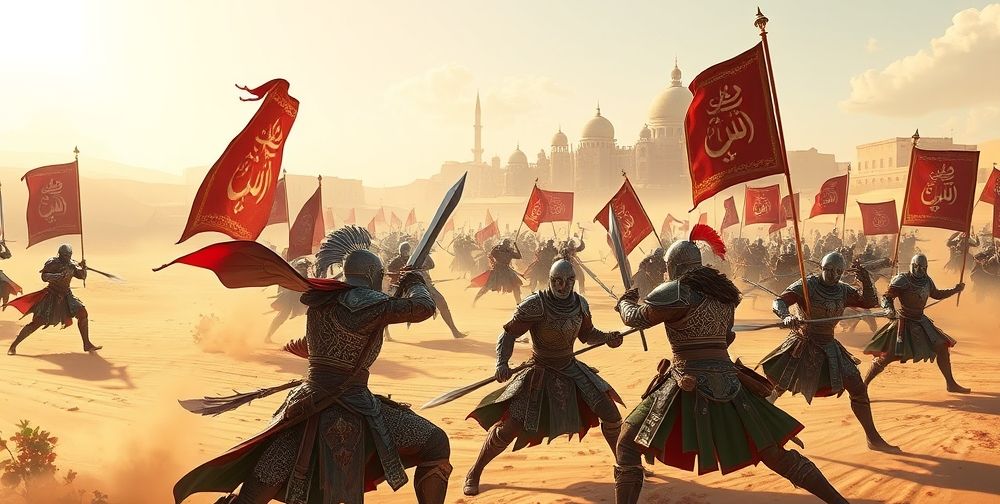 A lively video game battle scene where Persian heroes in intricate armor clash on a sunlit desert, accompanied by banners with Persian calligraphy, and historic citadels in the background.