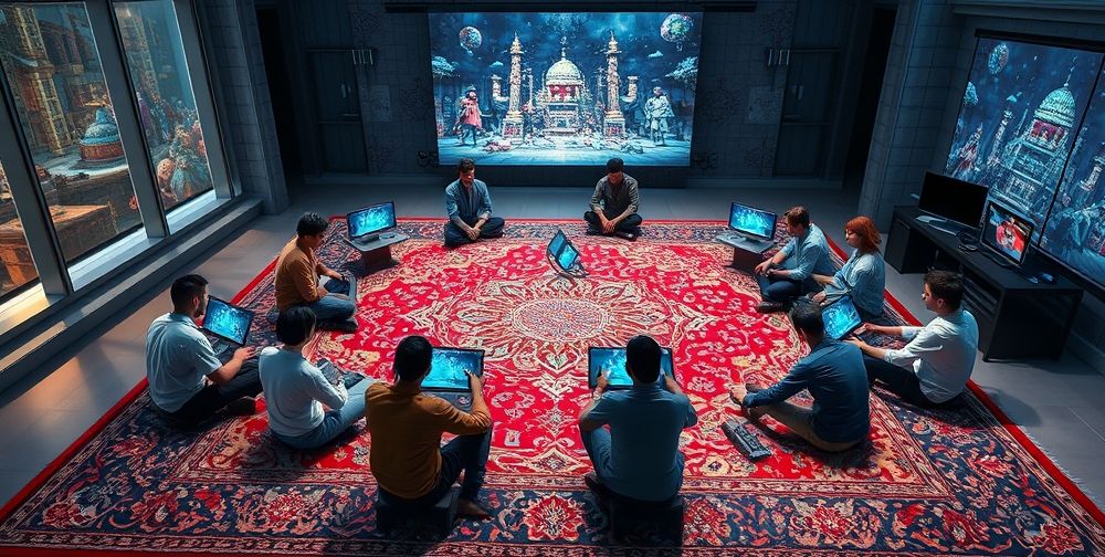 A digital artwork showing global gamers gathered around a large ornate Persian rug, interacting through holographic game consoles, with Persian miniatures projected in the background in a modern meeting room.