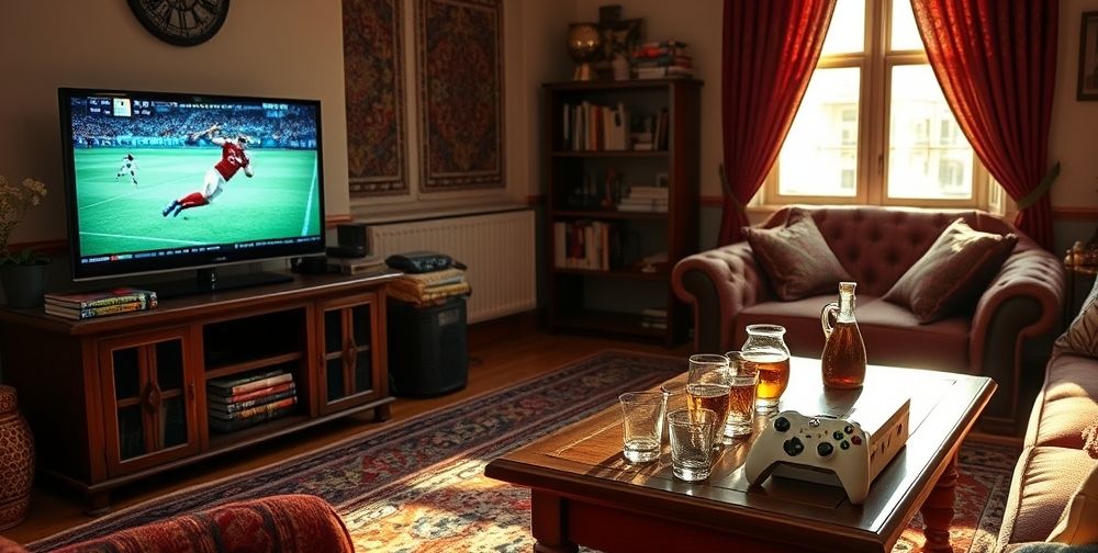 A cozy Persian living room with a gaming corner: an Xbox Series X controller lying next to traditional tea glasses on a wooden table, games stacked beside a TV playing a football game, with a Persian carpet underneath and sunlight streaming in.