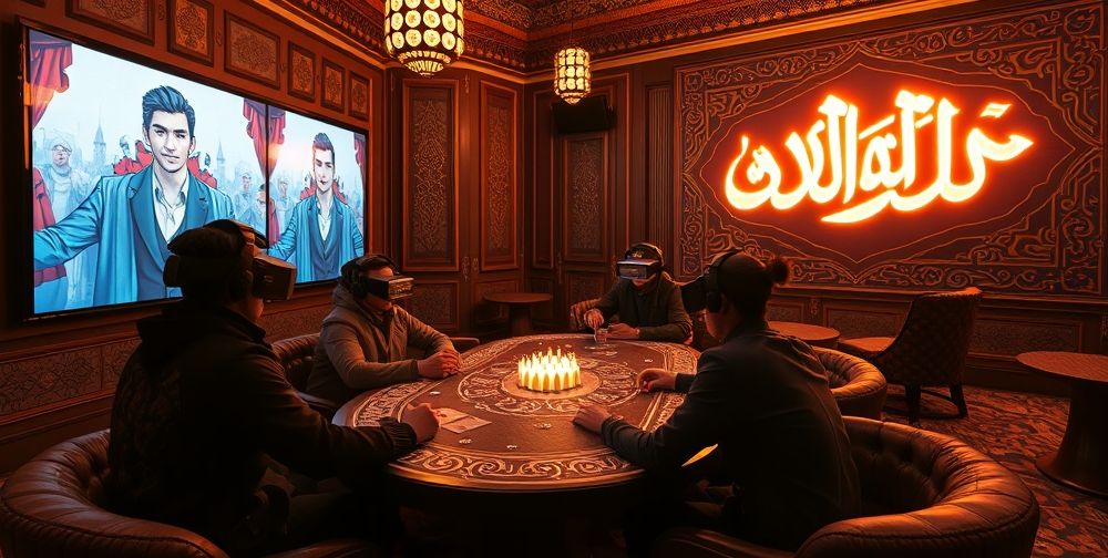 An immersive Persian gaming lounge with players deeply engaged in virtual reality headsets, large screens display avatars enhanced by AI, with glowing neon calligraphy subtly interwoven into the modern setting.