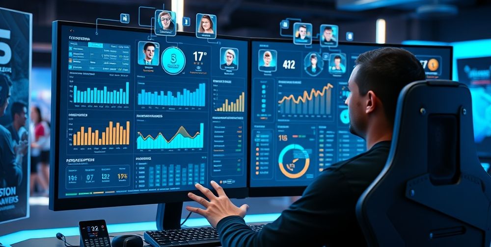 A split-screen showing a player analyzing gaming stats and performance charts on a high-tech interface, with digital avatars and AI-generated tips floating above the dashboard, in a futuristic eSports training facility.