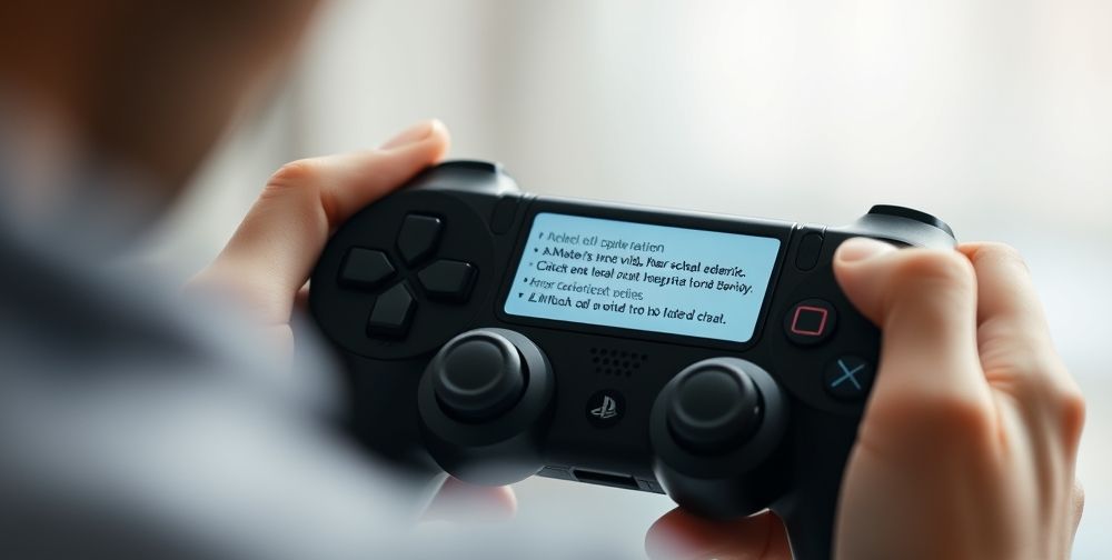 Close-up view of hands holding a PlayStation controller, focused on the error screen with various error codes in Persian subtitles and blurred background. Show a second person searching for solutions on a smartphone; mood is proactive and hopeful.