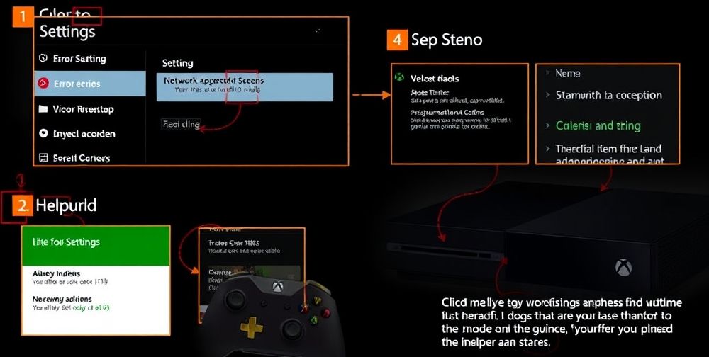 A detailed step-by-step visual showing an Xbox user utilizing the settings menu to troubleshoot errors, displaying different error codes, network adjustment screens, and a helpful guide on a smartphone next to the console.