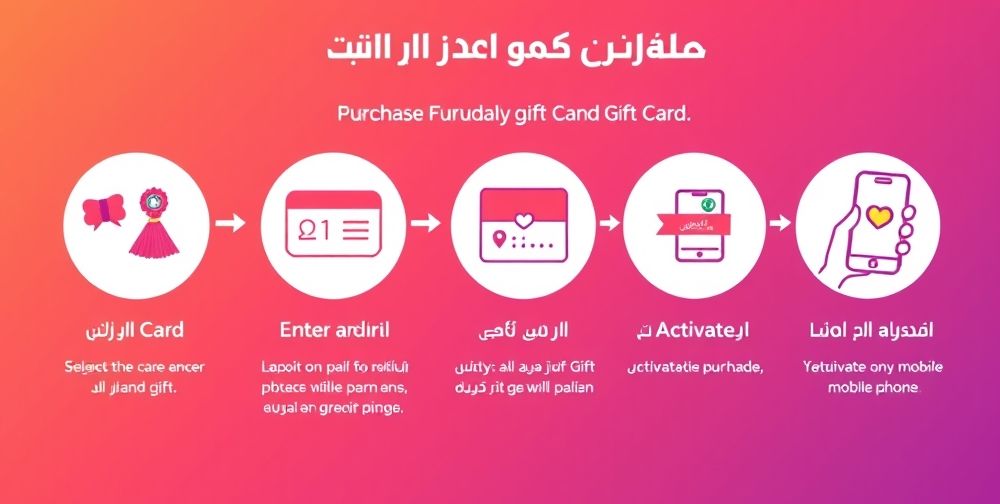A step-by-step Persian infographic with cheerful icons explaining gift card purchase, from selecting a brand, entering email, safe payment, to activating on a mobile phone, with a warm color palette.