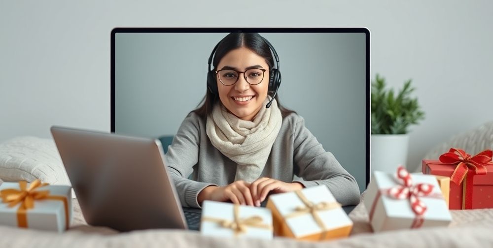 A friendly Persian customer support agent on a laptop screen, surrounded by digital gift cards, guiding a family through troubleshooting. Soft colors and positive expressions.