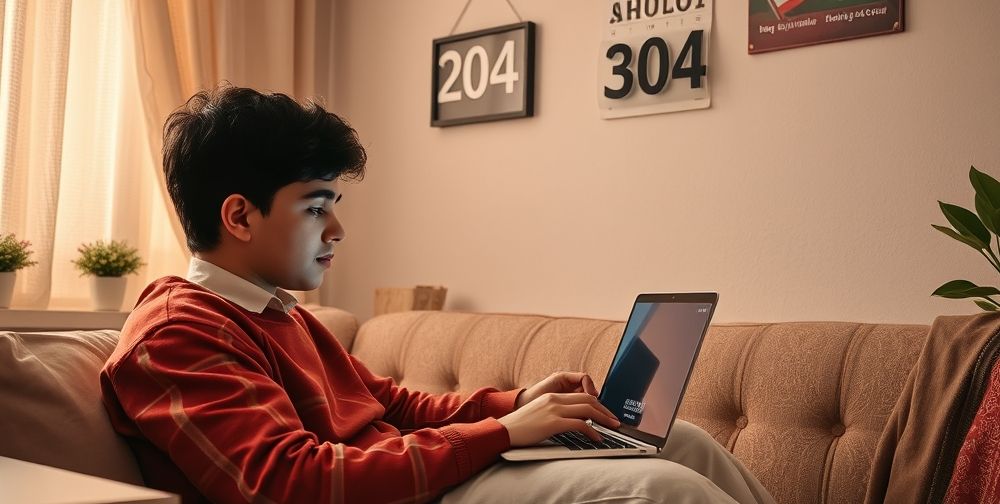 A realistic scene of an Iranian youth using a laptop at home to purchase a digital gift card, with Persian calendar on the wall showing 30 اردیبهشت, 1404. The atmosphere is cozy and modern, highlighting local lifestyle.
