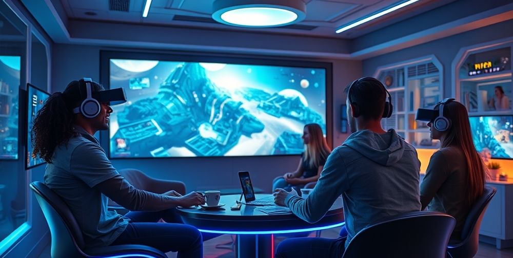 A futuristic gaming room where friends play an immersive virtual reality game; holographic AI assistants analyze player moves, environments subtly shift; the atmosphere blends technology and fun.