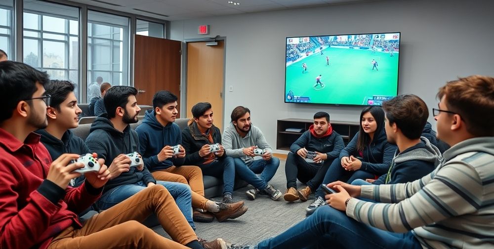 A group of high school students sitting together in a modern Iranian youth center, some holding Xbox controllers, others watching a team match on a wide screen, expressing both excitement and friendship, while another group discusses game strategies nearby.
