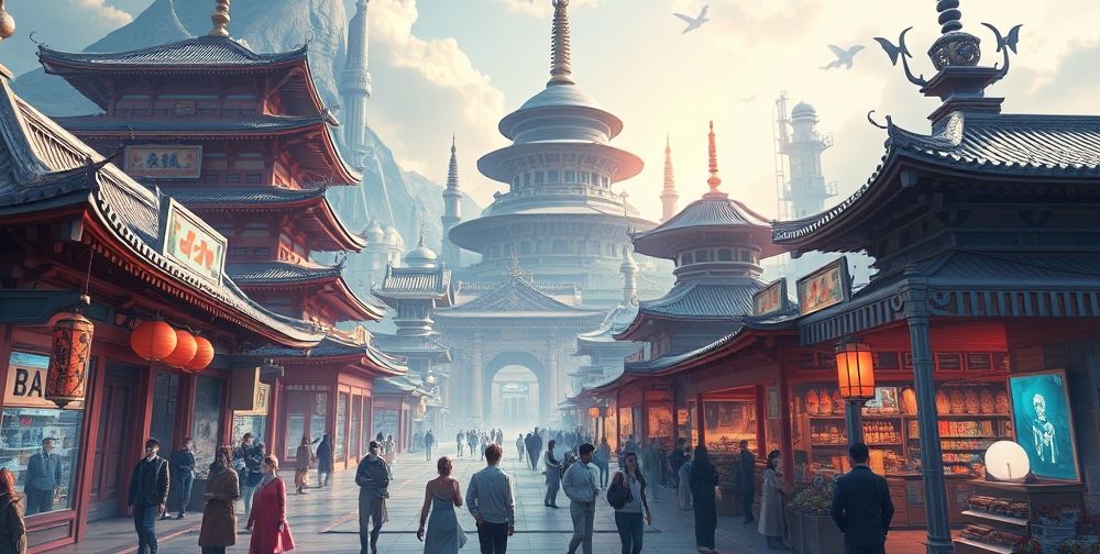 A fusion of global cultural elements—Japanese temples, Middle Eastern bazaars, futuristic laboratories—blending together as vivid game concept art on large digital tablets.
