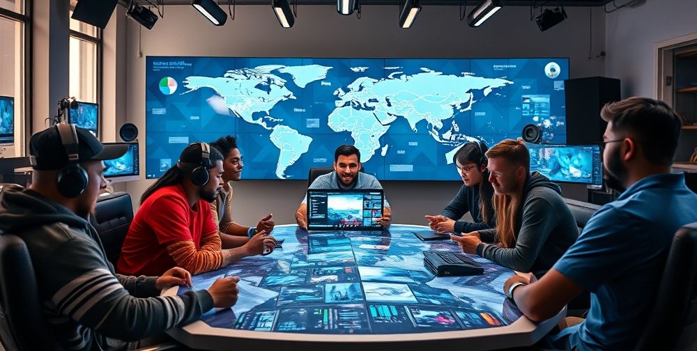 A diverse group of gamers from different continents gathered around futuristic holographic screens, analyzing global news headlines impacting their favorite games, in a bright modern studio.