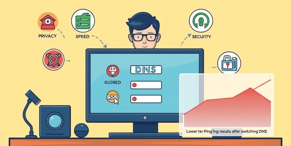 A detailed illustration showing a user selecting between various global DNS providers on a computer screen, surrounded by icons representing privacy, speed, and security. A timeline graph in the corner shows lower ping results after switching DNS.