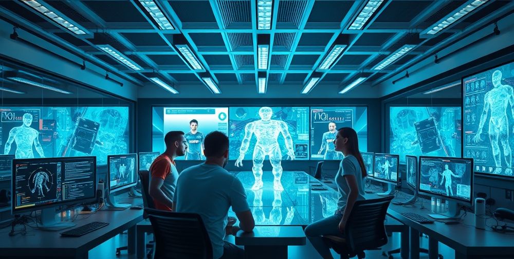 A futuristic laboratory with diverse international game developers collaboratively training highly advanced AI models for next-generation gaming, surrounded by interactive screens and holographic virtual athletes displaying realistic motions and teamwork.