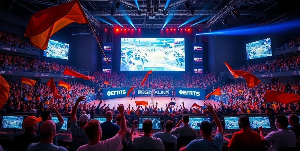 A visually dynamic esports arena filled with a diverse crowd of excited fans waving flags. Giant screens show strategic moments from an online multiplayer game as professional players focus intensely at illuminated computer stations.