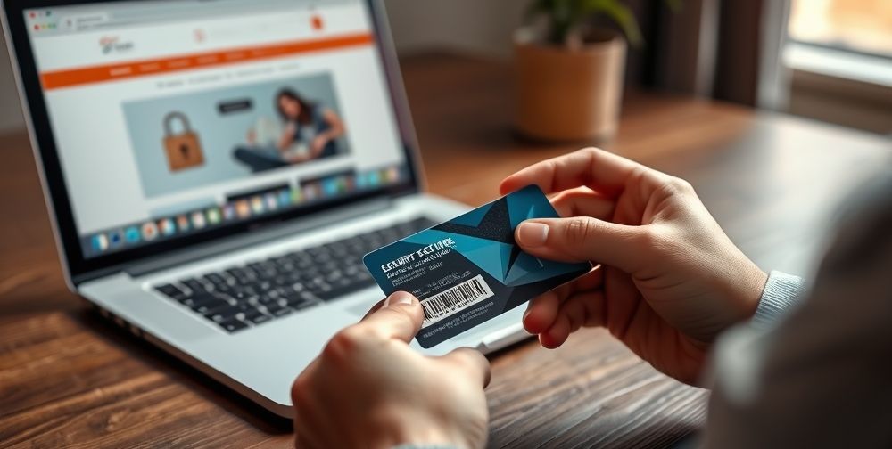 A closeup, well-lit desktop showing hands carefully scratching off a security label on a digital gift card, accompanied by a laptop displaying a reputable e-commerce website, emphasizing trust and security.