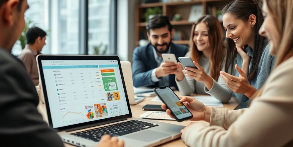 A close-up of a busy modern workspace in Iran, an open laptop screen showing bulk gift card orders, printouts with business stats, smiling colleagues exchanging digital gift cards via smartphones amid teamwork.