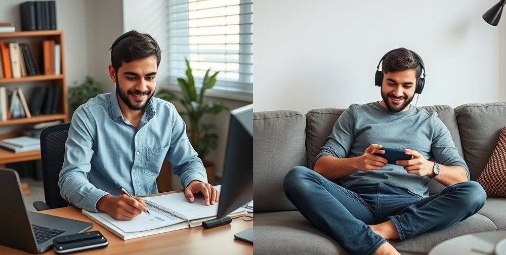 A split scene: One side shows a young Iranian man focused on his job tasks at a desk with charts and notebooks; the other side shows him relaxed, playing mobile games on a sofa, capturing duality and real-life work-leisure balance.