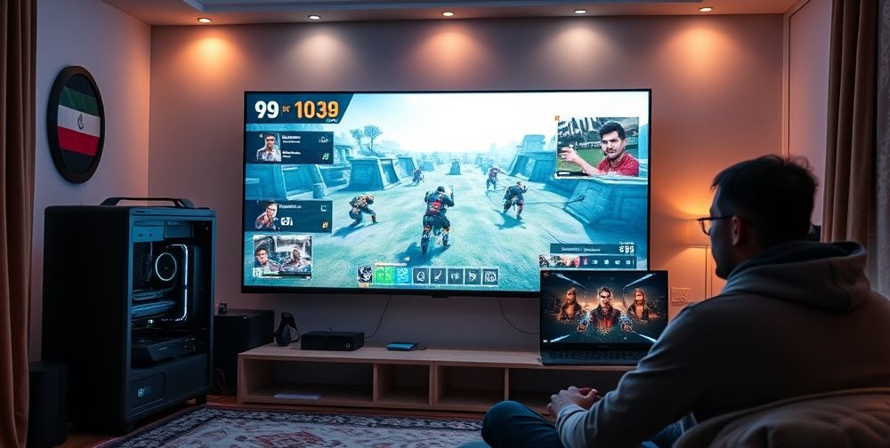 An immersive gaming setup in an Iranian bedroom, giant monitor displaying a multiplayer online game, ping meter visible on screen, gamer focused, with visible Ethernet cable connected to PC. Subtle details show minimized lag and high connectivity for e-sports.