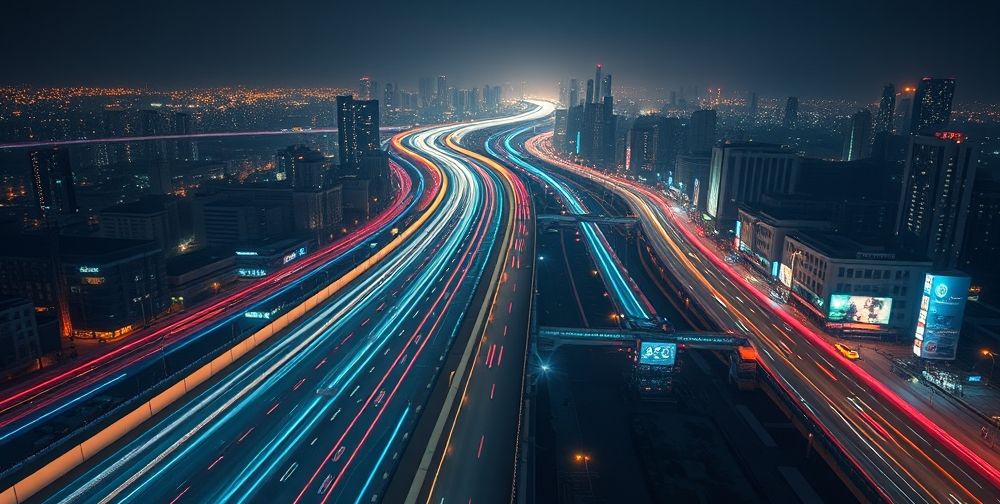 A futuristic concept of Iranian digital infrastructure—multi-lane high-speed data roads flowing into city landscapes, glowing with data packets, families using VR, and e-sports in a vibrant urban night, symbolizing Iran’s digital future.