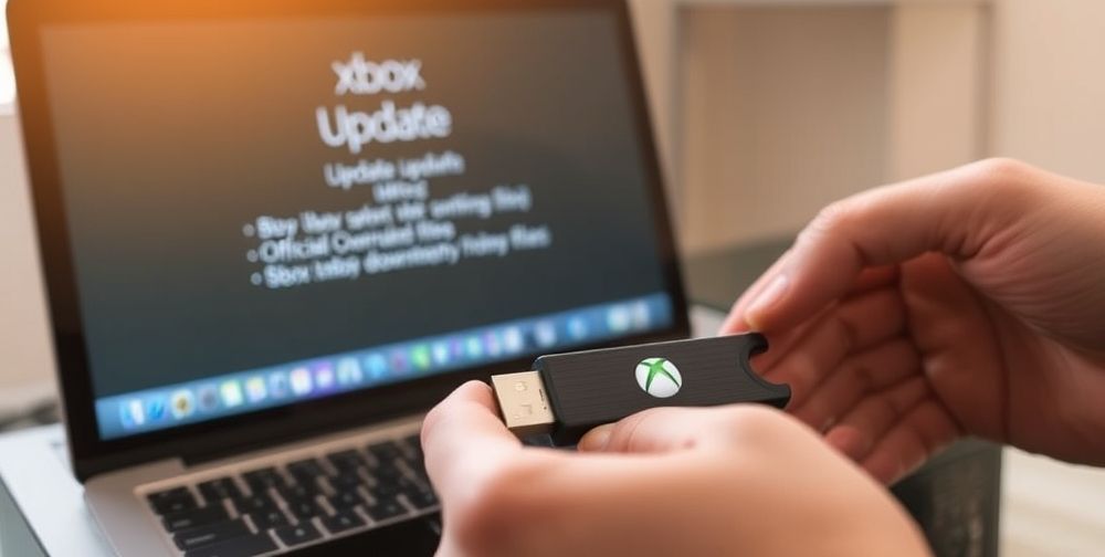A close-up of hands performing an offline Xbox system update using a USB flash drive, with a laptop in the background downloading official update files. The Xbox console display shows progress on the screen.