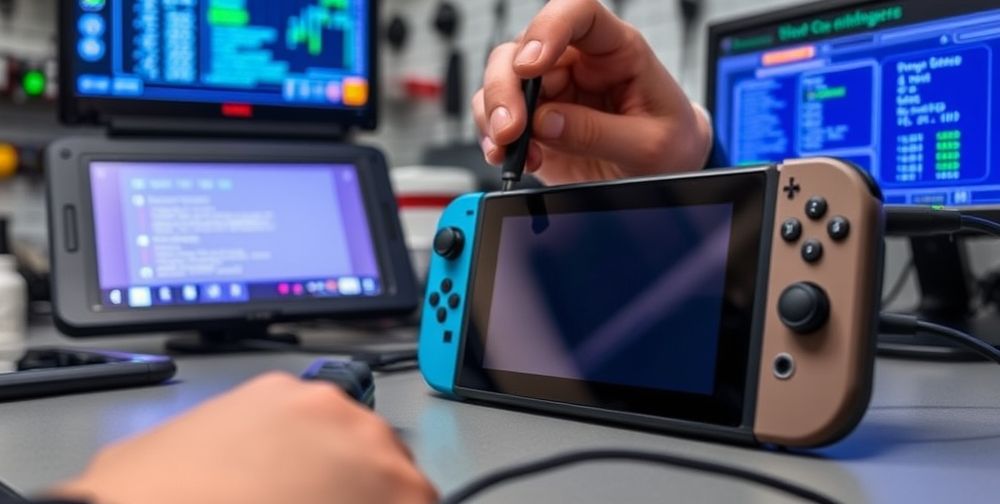 A close-up view of a Nintendo Switch console connected to a troubleshooting station, with technicians analyzing error codes, shop tools, and digital displays showing diagnostic data.