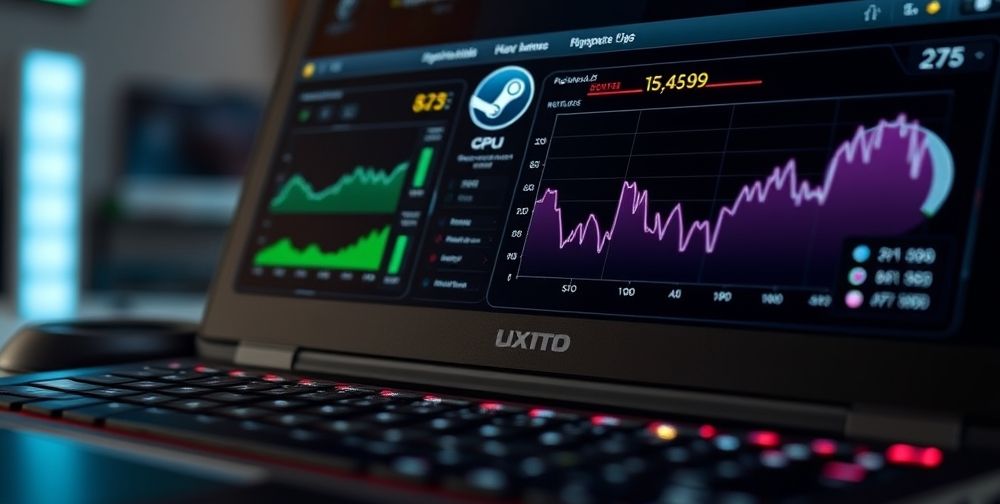 A close-up of a gaming laptop with detailed hardware monitoring tools displayed, fans working, and Steam running in the background. Dynamic graphs show CPU and GPU usage spikes, symbolizing optimization in action.