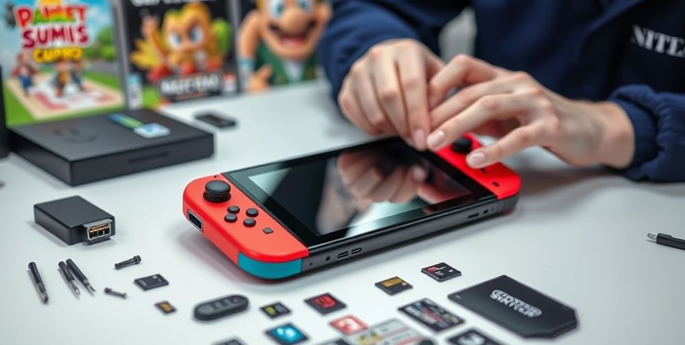 A close-up of a Nintendo Switch console placed on a repair technician’s desk, with small screwdriver sets, spare microSD cards, and official accessories neatly arranged. The focus is on the careful hands of a technician examining the device, with game posters in the background.