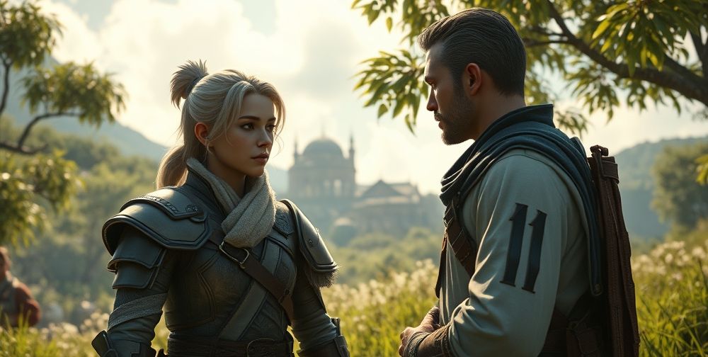 A cinematic shot of a clever NPC interacting naturally with a player in a lush open-world game, showing emotional expressions, adaptive responses, and dynamic world effects like changing weather, all enhanced by advanced AI algorithms visible as digital overlays on the screen.