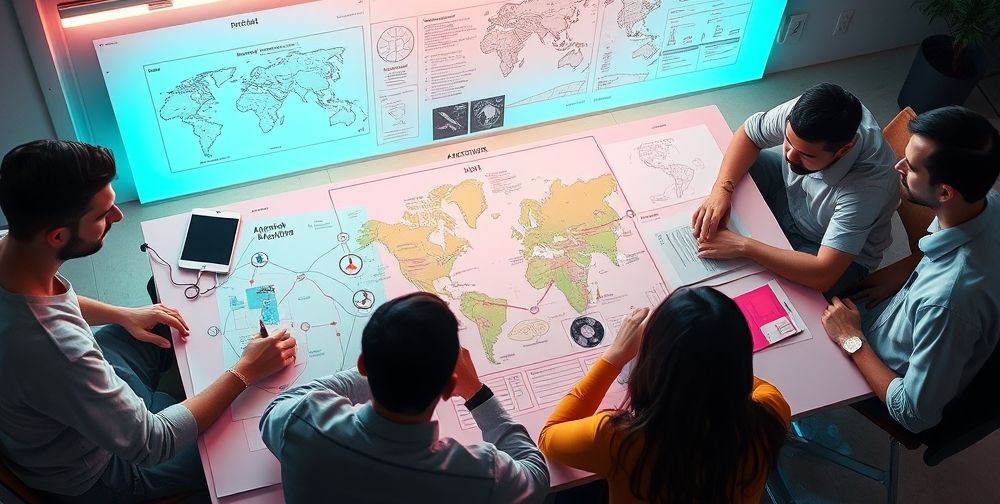 A creative brainstorming session with game developers gathered around a table strewn with AI-generated world maps, character designs, and flowcharts, illuminated by soft neon lights, symbolizing innovation and future-oriented development in game design.