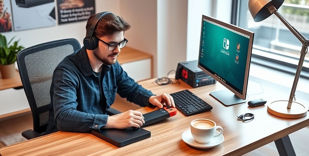 A tech expert at a modern desk with Nintendo Switch, connecting it to a computer for data backup; next to organized original Nintendo accessories, and a cup of coffee.