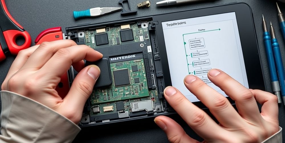 A detailed interior view of a Nintendo Switch opened up, exposing its circuit board and components, surrounded by ESD-safe tools. A technician’s hands delicately replace a microSD slot while a troubleshooting flowchart is open on a nearby tablet.