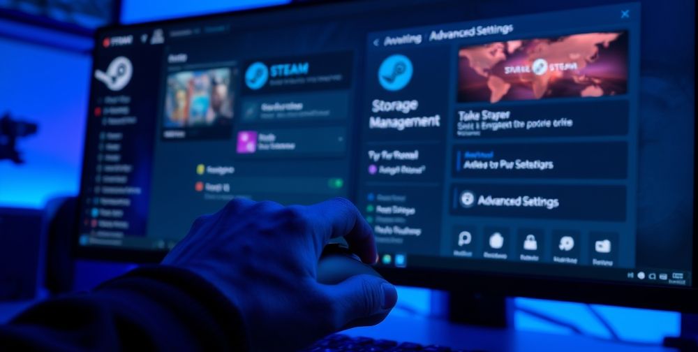 A close-up view of a user’s hand using a gaming mouse, while a computer monitor displays detailed Steam storage management and advanced settings panels. The room lighting is cool blue and purple, suggesting a night gaming session.