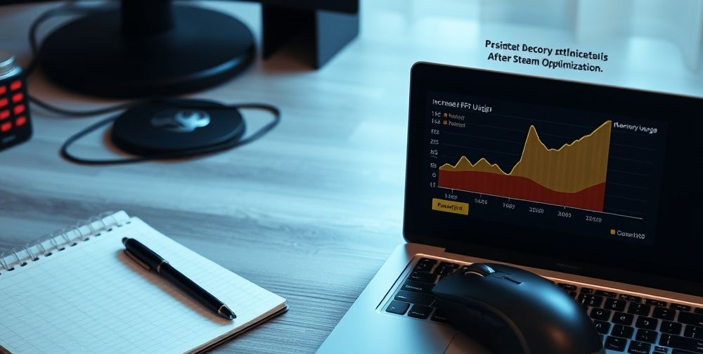 A neat desktop with a notepad and pen next to a gaming mouse; a chart on a laptop screen shows increased FPS and reduced memory usage after Steam optimization, expressing user satisfaction and positive outcome.