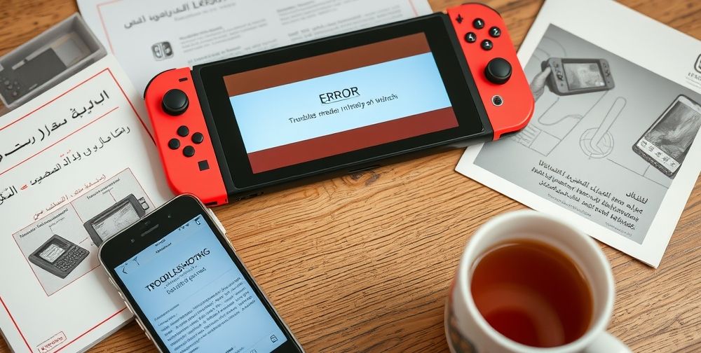 A close-up of a Nintendo Switch displaying an error screen, surrounded by Persian-language tech manuals, smartphone with a troubleshooting tutorial open, and a mug of tea. The scene is cozy and suggests a DIY repair process.
