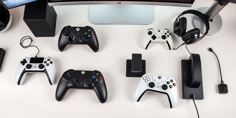 A gamer’s setup on a modern desk with both Xbox Series X and PlayStation 5 controllers, matching headsets, and charging docks neatly arranged, emphasizing their compatibility with multiple devices and accessories.