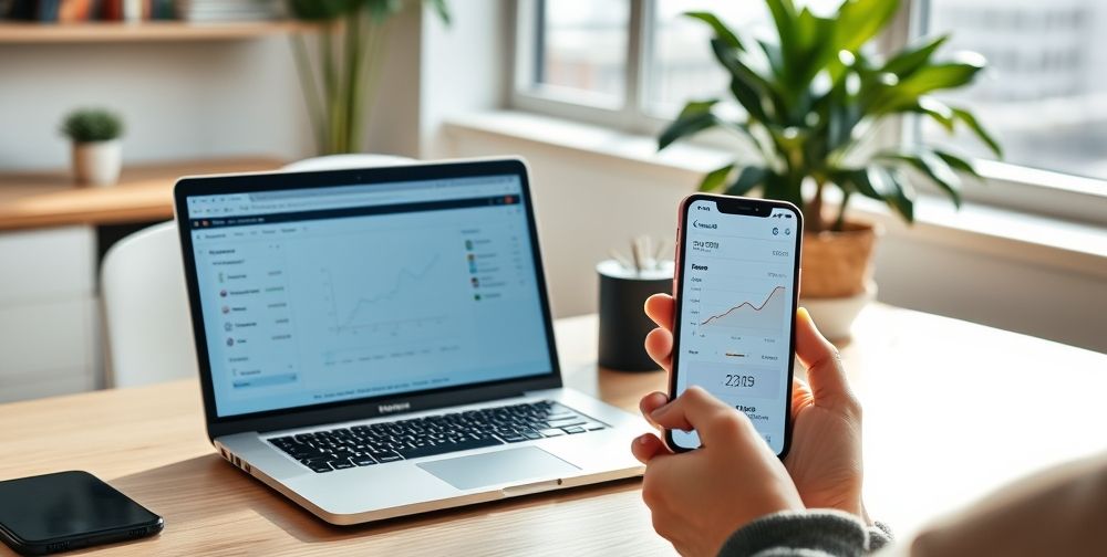 A friendly modern workspace showing a person comparing different DNS settings on laptop and smartphone screens with graphs showing internet speed improvements and ping reduction, sunlight coming through the window.