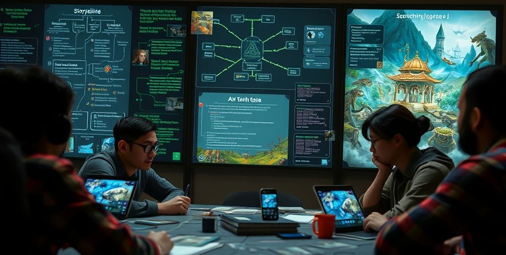 A close-up scene of a game developer brainstorming with digital boards displaying branching storylines, AI code blocks, and digitally rendered fantasy environments, emphasizing the creative and technical interplay.