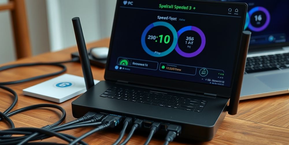A close-up shot of a router and multiple network cables on a wooden table, with a Persian-language speed test running on a laptop screen. Emphasis on a visible improvement in ping and download/upload speeds, symbolizing enhanced internet quality.