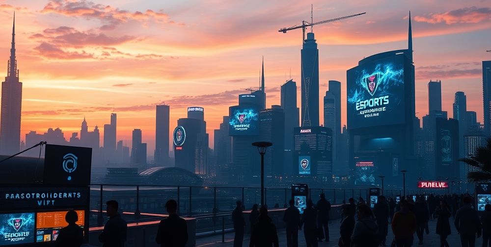 A futuristic digital metropolis silhouette at sunset, where giant screens display live eSports tournaments, people trade NFT items on holographic kiosks, and avatars gather for a major online multiplayer league event.